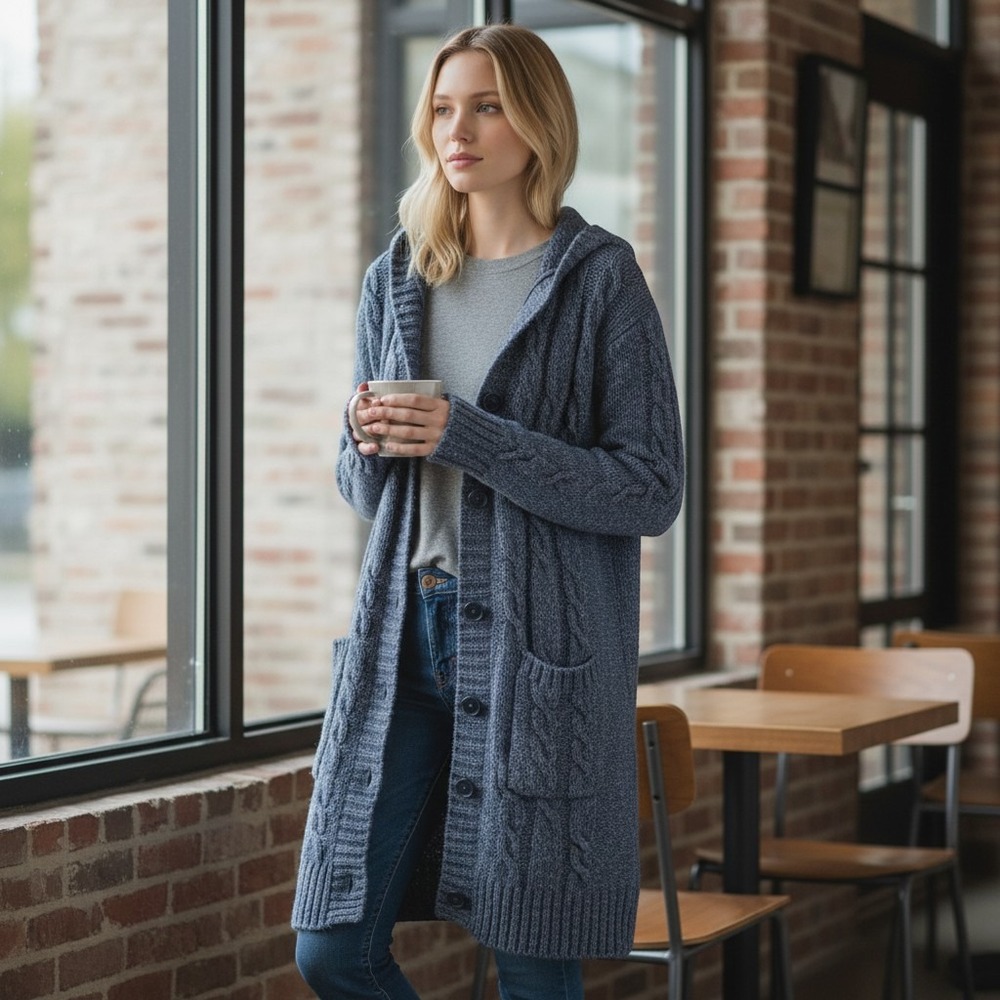 LL Bean sz 2X blue cotton wool blend long cable knit hooded cardigan sweater MM